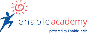 Logo of Enable Academy showing a dynamic human figure reaching for a red sun-like symbol, with the text “enableacademy” and the tagline “powered by Enable India.